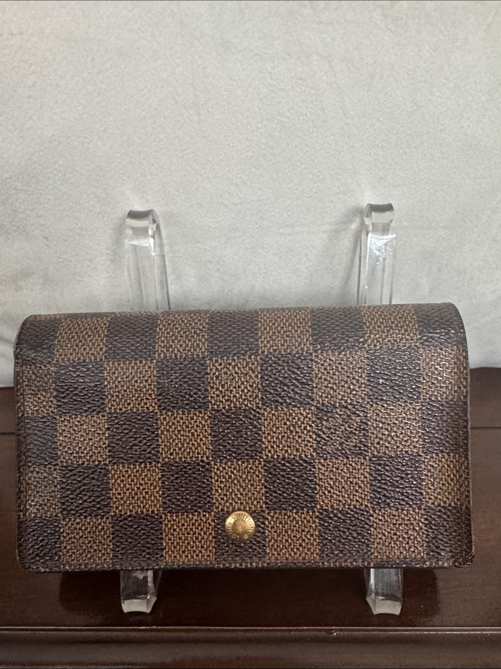 Louis Vuitton Damier Ebene Checkered Wallet with Gold Button